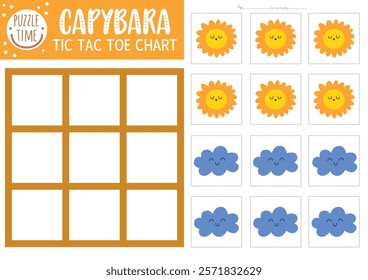 Vector capybara tic tac toe chart with cute kawaii sun and cloud. Capibara board game playing field with cute characters. Funny printable worksheet. Noughts and crosses grid 