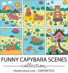 Vector capybara vertical scenes. collection Capibara landscape illustration pack for kids. Cute nature scenes set with adorable animals relaxing, meditating, sleeping, eating, having fun
