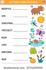 Vector capybara word scramble activity page. English language game with sun, dragonfly, butterfly, frog, reeds, pond for kids. Transport family quiz with vehicles. Educational printable worksheet