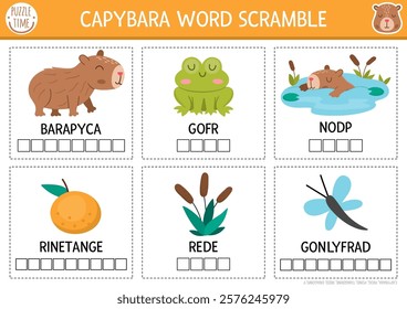 Vector capybara word scramble activity cards set. English language game with tangerine, dragonfly, frog, reeds, pond for kids. Transport family quiz with vehicles. Educational printable worksheet