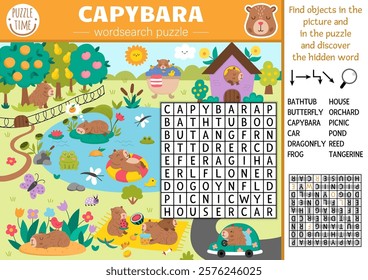 Vector capybara wordsearch puzzle for kids. Simple word search quiz with summer nature landscape. Educational activity with butterfly, reeds, garden. Capibara cross word with cute animal scene