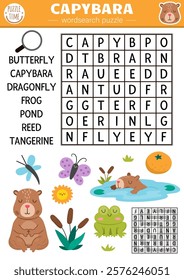 Vector capybara wordsearch puzzle for kids. Simple word search quiz. Educational activity with butterfly, tangerine, reeds, frog, bath, dragonfly. Capibara cross word with cute animals