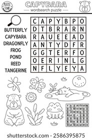 Vector capybara wordsearch puzzle for kids. Black and white word search quiz. Educational line activity with butterfly, tangerine, reeds, frog, dragonfly. Capibara cross word coloring page with animal