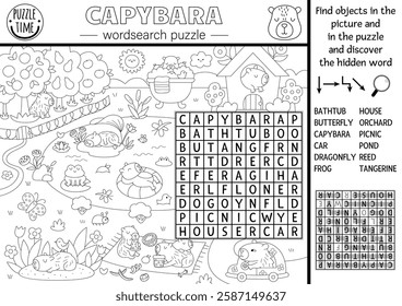 Vector capybara wordsearch puzzle for kids. Black and white word search quiz with summer nature landscape. Educational line activity with cute animals. Capibara cross word, coloring page
