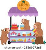 Vector capybaras sitting in rolling snack cart with wheels. Candy shop with capibaras icon. Cartoon sweets stand illustration with adorable animals. Pastry or bakery trolley clipart, capy bar