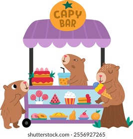 Vector capybaras sitting in rolling snack cart with wheels. Candy shop with capibaras icon. Cartoon sweets stand illustration with adorable animals. Pastry or bakery trolley clipart, capy bar