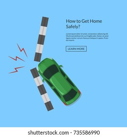 Vector car accident with footpath top view from above illustration. Transport crash auto