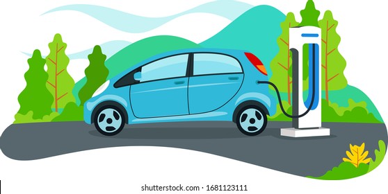 Vector of car being charged at the refueling power station with beautiful background. Perfect template for website and many more