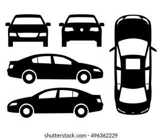 Vector car black and white, four view, top, side, back, front. Flat illustration icons