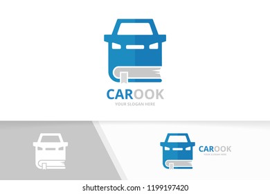 Vector car and book logo combination. Vehicle and library symbol or icon. Unique automobile and bookstore logotype design template.
