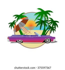 Vector car cadillac with palms, beach, sun. Miami automotive travel illustration. Leisure vacation in America print. Auto cabriolet decoration