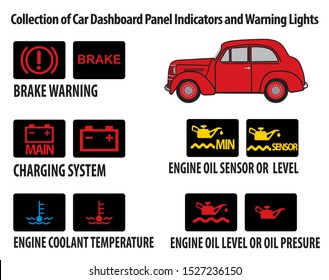 Vector Car Dashboard Panel Indicators and Warning Lights, Icons of Oil Level, Engine Temperature, Battery and Other Car Maintenance Signs, Fault Indicators, Car Status Symbols
