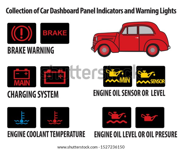Vector Car\
Dashboard Panel Indicators and Warning Lights, Icons of Oil Level,\
Engine Temperature, Battery and Other Car Maintenance Signs, Fault\
Indicators, Car Status\
Symbols\
