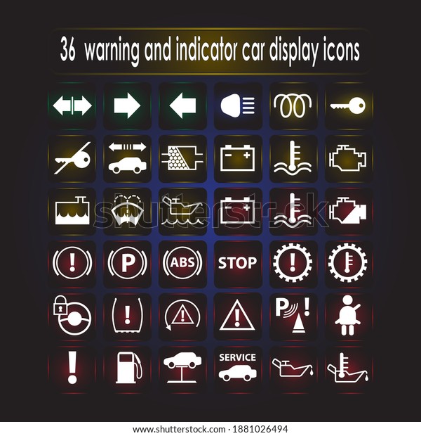 Vector Car Dashboard Panel\
Indicators and Warning Lights, Oil Level Icons, Engine Temperature,\
Battery and Other Car Maintenance Signs, Damage Indicators, Car\
Status Symbols