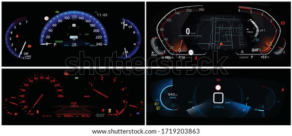 Vector car dashboards collage. Four different\
types of full digital car cluster. Instrument panel with\
speedometer, tachometer, odometer, fuel gauge, oil temperature\
gauge and seat belt\
reminder.