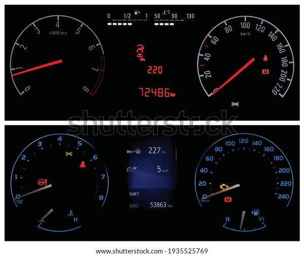 Vector car dashboards collage. Two different
types of car cluster. Instrument panel with speedometer,
tachometer, odometer, fuel gauge, oil temperature gauge, seat belt
reminder, tyre pressure
display