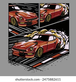 Vektorgrafik Auto Drift mit Details. Burnout-Auto, Japanischer Drift-Sportwagen, Straßenrennen, Rennteam, Turbolader, Tuning. Vektorillustration für Aufkleber, Poster oder Abzeichen