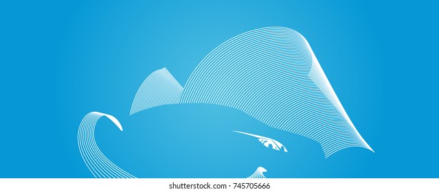 Vector car drift with a wave of water. Drive a car through water. Extreme driving illustration. Big waves from under the wheels. Blue gradient background. Amazing car passage. Technology design.