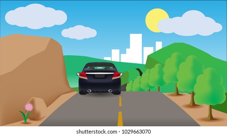 Vector car drive on the road trip to travel on nature go to city.