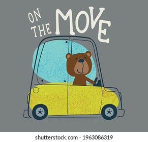 vector car driver bear character for kids tee