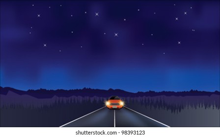 vector car driving at night on dark road under starry sky