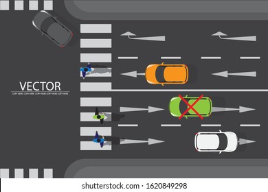 Vector Car Driving Wrong Way On Street Background.people Crossing Road