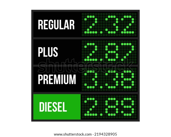 Vector car fuel price LED screen table isolated on\
white background. Auto gasoline cost emblem mockup. Diesel petrol\
bills electronic board. Gas station digital online billboard,\
numbers, text, sign