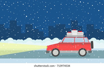 vector car with gifts at night