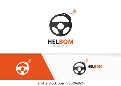 Vector car helm and bomb logo combination. Steering wheel and detonate symbol or icon. Unique rudder and weapon logotype design template.