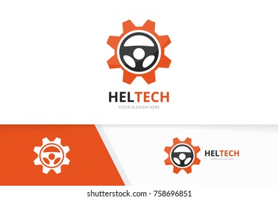 Vector car helm and gear logo combination. Steering wheel and mechanic symbol or icon. Unique rudder and industrial logotype design template.