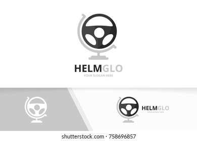 Vector car helm and globe logo combination. Steering wheel planet symbol or icon. Unique rudder logotype design template.