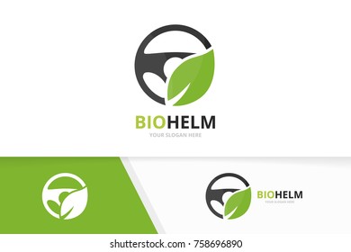 Vector car helm and leaf logo combination. Steering wheel and eco symbol or icon. Unique rudder and organic logotype design template.