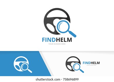 Vector car helm and loupe logo combination. Steering wheel and magnifying symbol or icon. Unique rudder and search logotype design template.