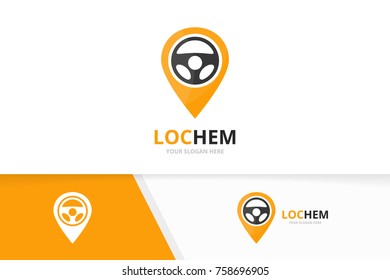 Vector car helm and map pointer logo combination. Steering wheel and gps locator symbol or icon. Unique rudder and pin logotype design template.