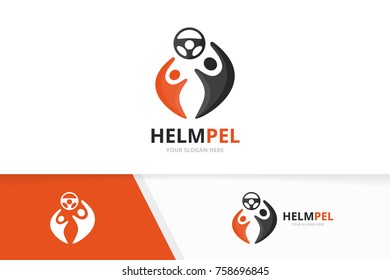 Vector car helm and people logo combination. Steering wheel and family symbol or icon. Unique rudder and union, help, connect, team logotype design template.