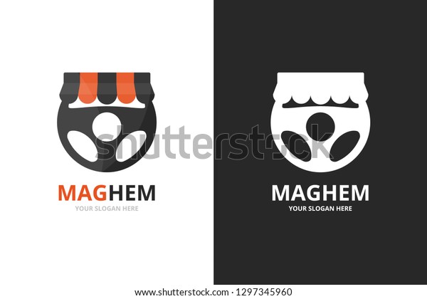 Vector car helm and shop logo combination.\
Steering wheel and sale symbol or icon. Unique rudder and market\
logotype design\
template.