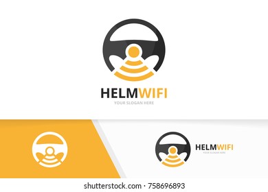 Vector car helm and wifi logo combination. Steering wheel and signal symbol or icon. Unique rudder and radio, internet logotype design template.