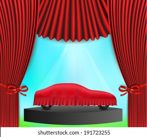 Vector Of The Car Hidden By Red Cloth And Red Curtain