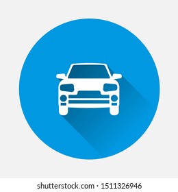 Vector car icon on white isolated background on blue background. Flat image with long shadow.