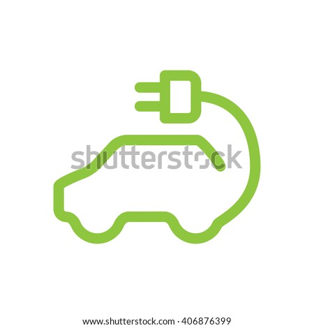 Vector car icon in thin line style. Hybrid Vehicles logo. Green logotype. Eco friendly auto or electric vehicle concept on white background. 
