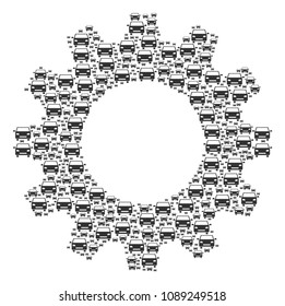Vector car icons are composed into cog composition. Industrial design concept constructed from car components.