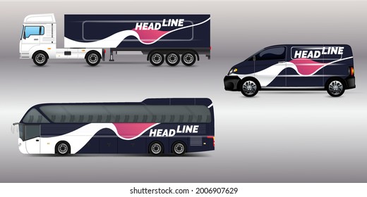 Vector car identity template design set of Coach Promo tour Bus, Cargo Van, and Commercial Car isolated on grey. Abstract hi-tech technology geometric elements for Brand identity and Advertising