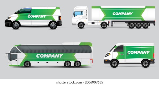 Vector car identity template design set of Coach Promo tour Bus, Cargo Van, and Commercial Car isolated on grey. Abstract hi-tech technology geometric elements for Brand identity and Advertising