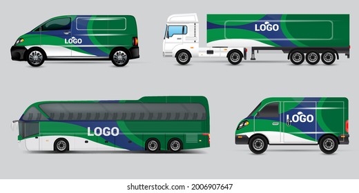 Vector Car Identity Template Design Set Of Coach Promo Tour Bus, Cargo Van, And Commercial Car Isolated On Grey. Abstract Hi-tech Technology Geometric Elements For Brand Identity And Advertising