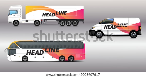 Vector car identity template design set of
Coach Promo tour Bus, Cargo Van, and Commercial Car isolated on
grey. Abstract hi-tech technology geometric elements for Brand
identity and
Advertising