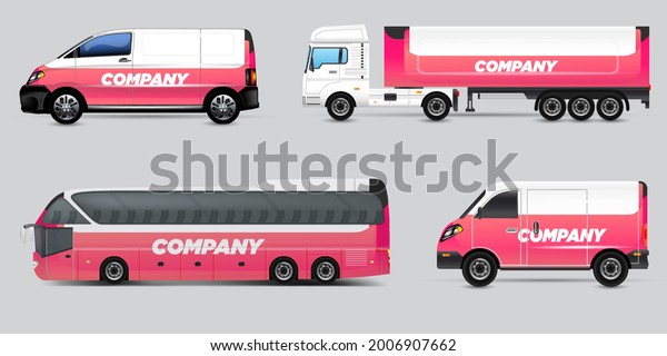 Vector car identity template design set of\
Coach Promo tour Bus, Cargo Van, and Commercial Car isolated on\
grey. Abstract hi-tech technology geometric elements for Brand\
identity and\
Advertising