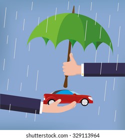 Vector car insurance concept in flat style man's hand holding umbrella over car