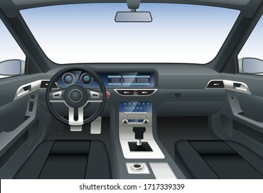 Vector car interior. View from driver's seat at steering wheel, car dashboard with multimedia screen, gear lever, windshield with rear view mirrors. Vector illustration