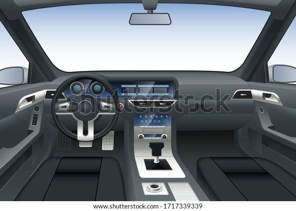 Vector car interior.\
View from driver\'s seat at steering wheel, car dashboard with\
multimedia screen, gear lever, windshield with rear view mirrors.\
Vector illustration