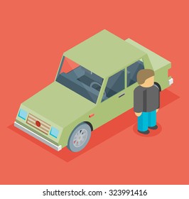 Vector car isometric with man